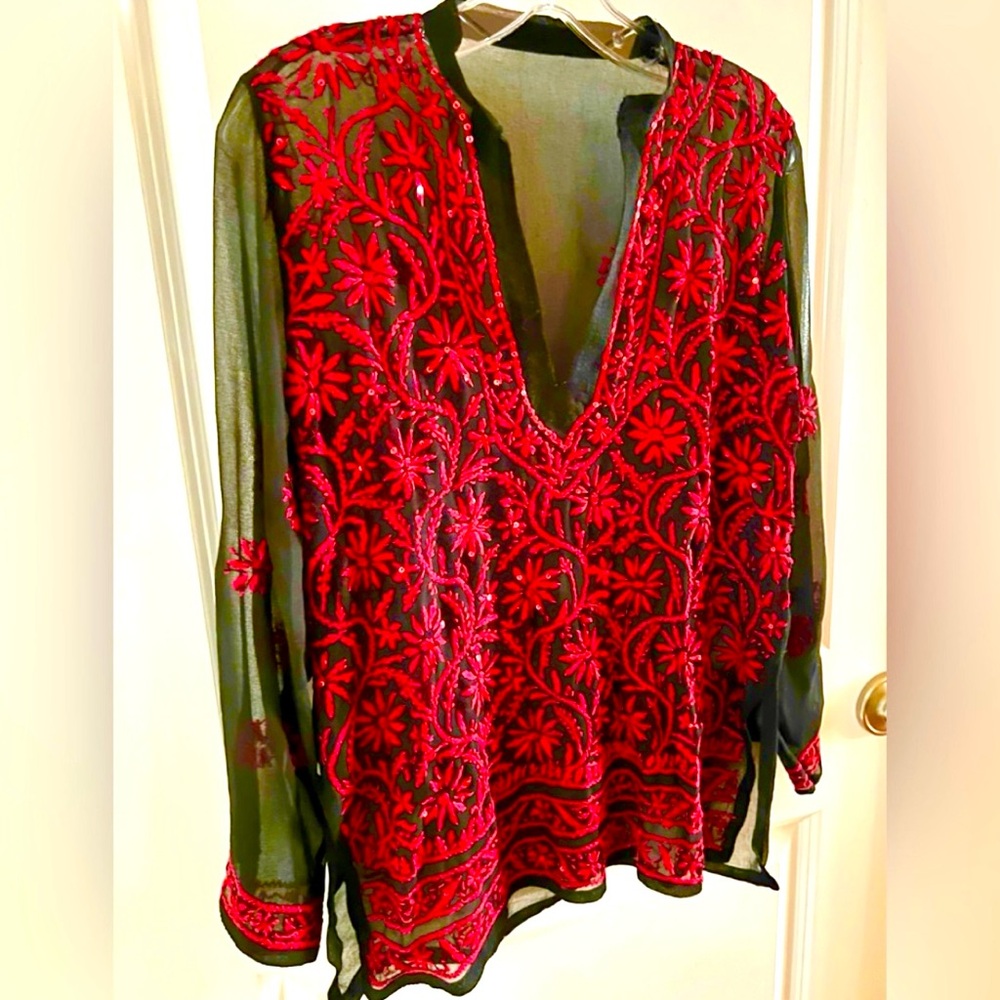 Woodstock Boho Red Embroidered & Sequin Top XL